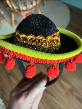 Source Unknown Black Mini Sombrero Dog Hat with Red Pom-Poms & Yellow Trim